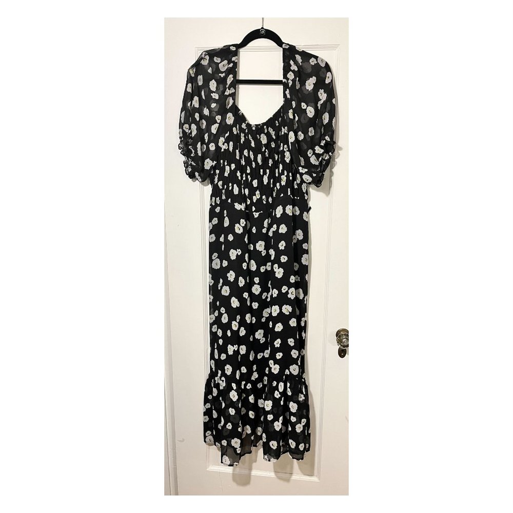 Floral, smocked, puff-sleeved dress with frilled hem